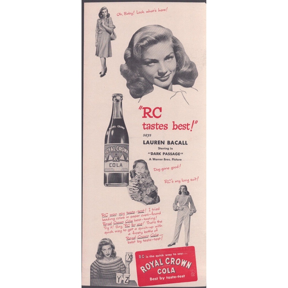 Vintage 1947 Royal Crown RC Cola Print Ad Lauren Bacall Dark Passage Movie VG